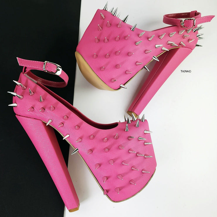 Hot Pink Spike Studded Fetish with Chunky Heels