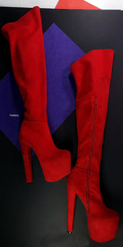 Red Suede Chunky Heel Over the Knee High Boots