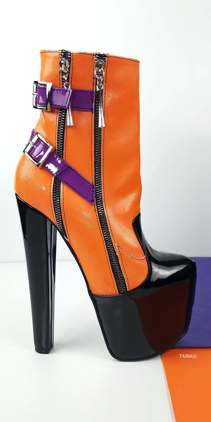 Tri-Color Belted Chunky Heel Rocker Boots