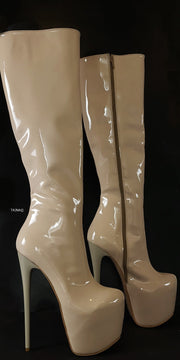 Gloss Nude Beige Mid Calf Platform Boots
