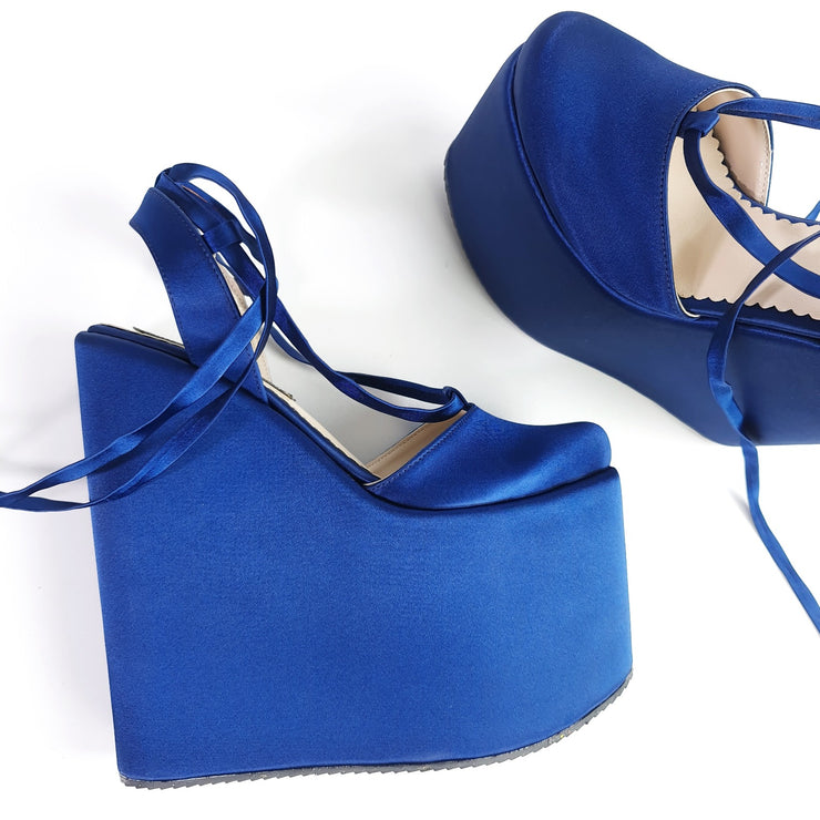 Blue Satin Wedge Ballerina Lace Up Sandals