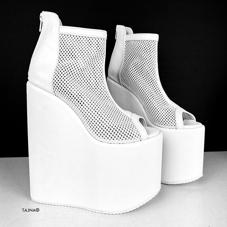 White Fishnet Peep-toe Wedge Platform Boots