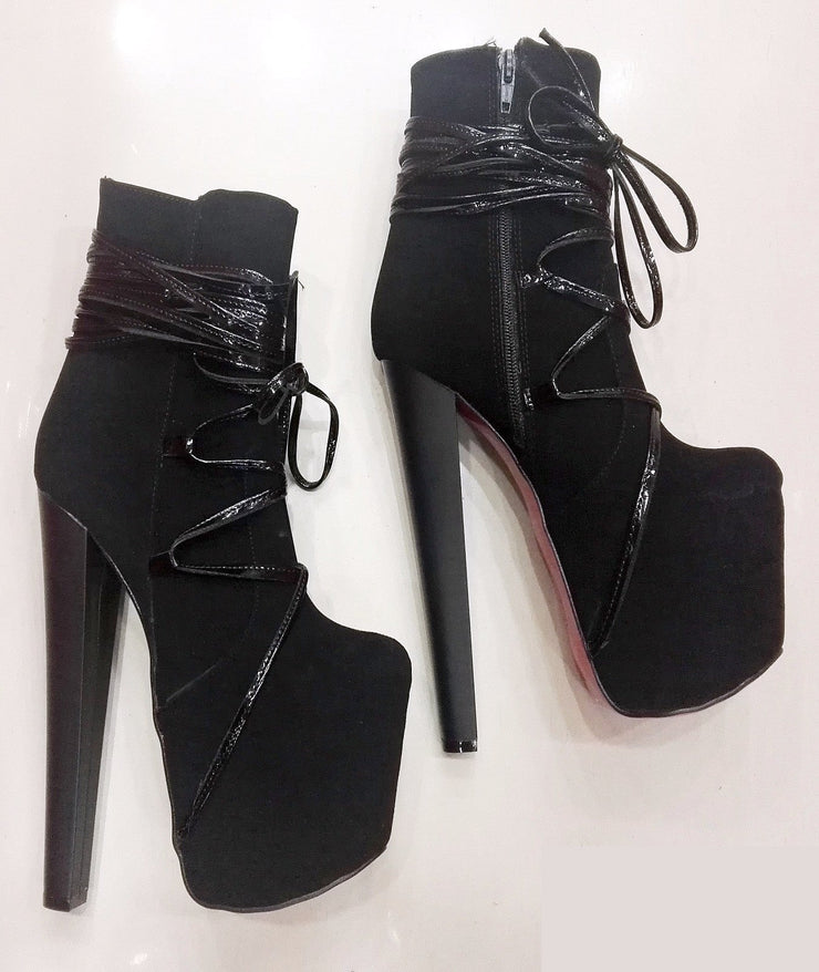 Black Suede Lace Up Platform Red High Heel Boots - Tajna Club