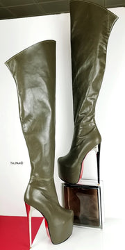 Genuine Leather Army Green Thigh High Boots - Tajna Club