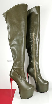 Genuine Leather Army Green Thigh High Boots - Tajna Club
