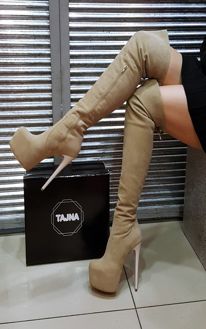 Beige Suede Over Knee Platform Boots - Tajna Club
