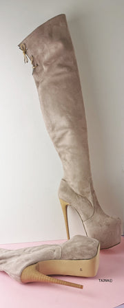 Cream Beige Suede Lace Up Platform Boots High Heel Shoes - Tajna Club