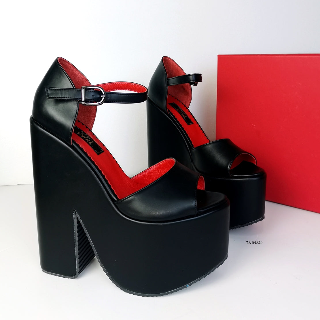Black Red Ankel Strap Peep Toe Wedges | Tajna Club