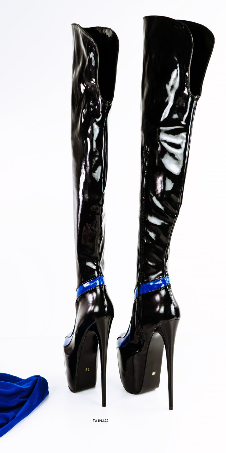 Black Blue Detail Knee Patent High Boots - Tajna Club