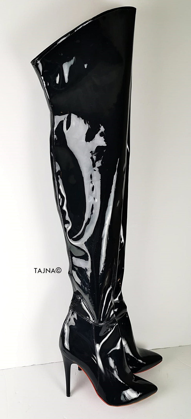 Black Gloss High Heel Pointy Toe Long Boots - Tajna Club