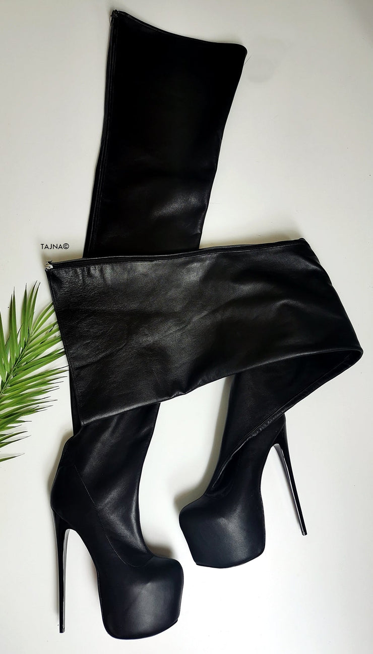 Thigh High Black Genuine Leather Boots - Tajna Club