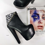 Black Leopard Detail Ankle High Heel Boots - Tajna Club