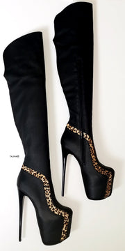 Black Leopard Detail Knee High Boots - Tajna Club