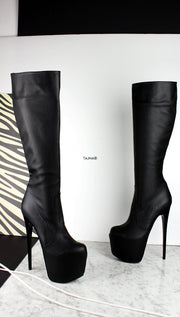 Mid-Calf High Heel Black Matte Boots | Tajna Club
