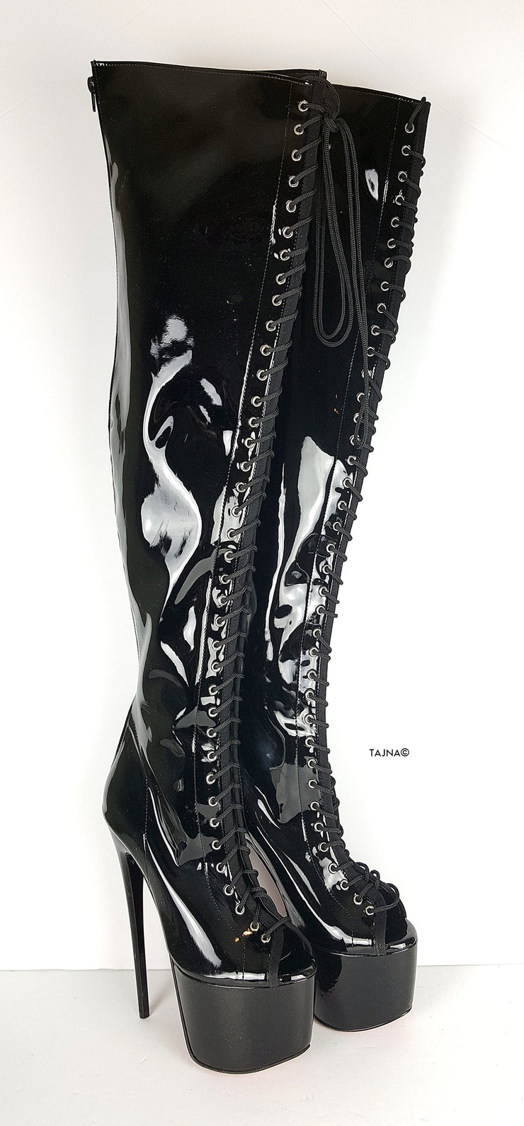 Black Patent Gladiator Lace Up Thigh High Boots - Tajna Club