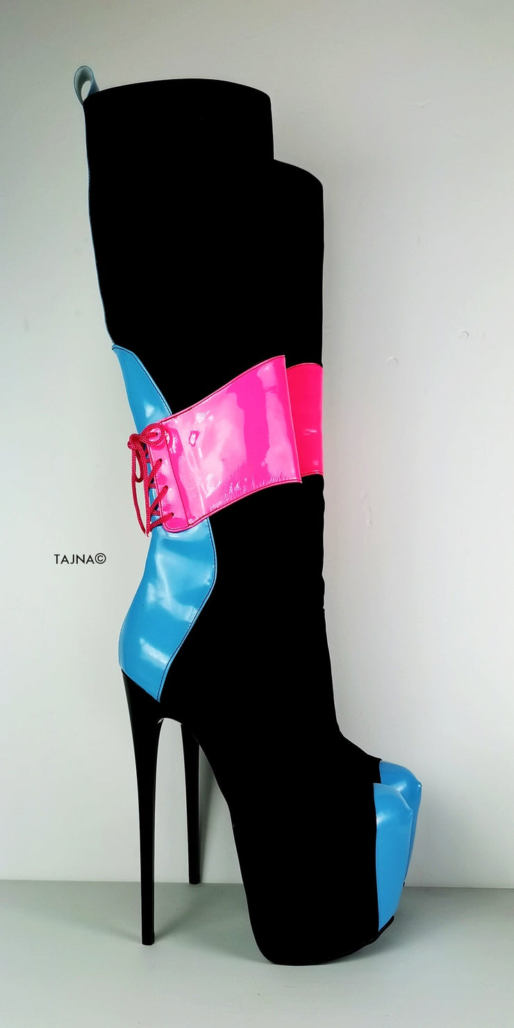 Pink Blue Gloss Black Mid-Calf Boots - Tajna Club