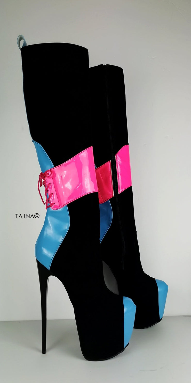 Pink Blue Gloss Black Mid-Calf Boots - Tajna Club