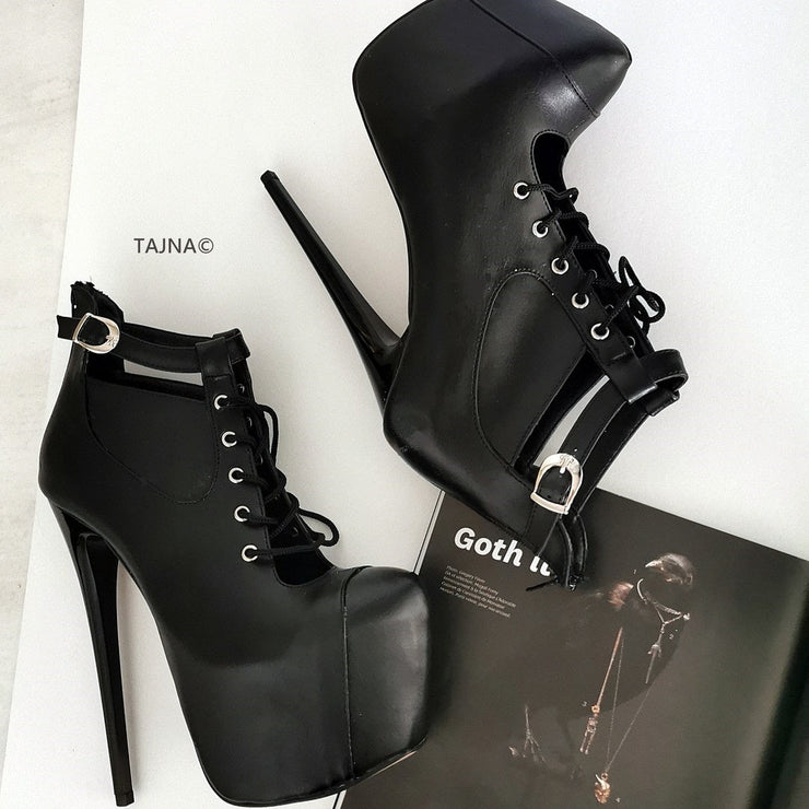 Black Lace Up Platform Ankle Booties - Tajna Club