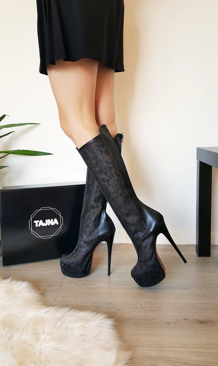 Black Lace Platform Boots - Tajna Club