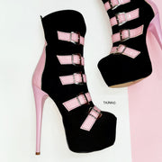 Pink Black Multi Belted Ankle Boots - Tajna Club