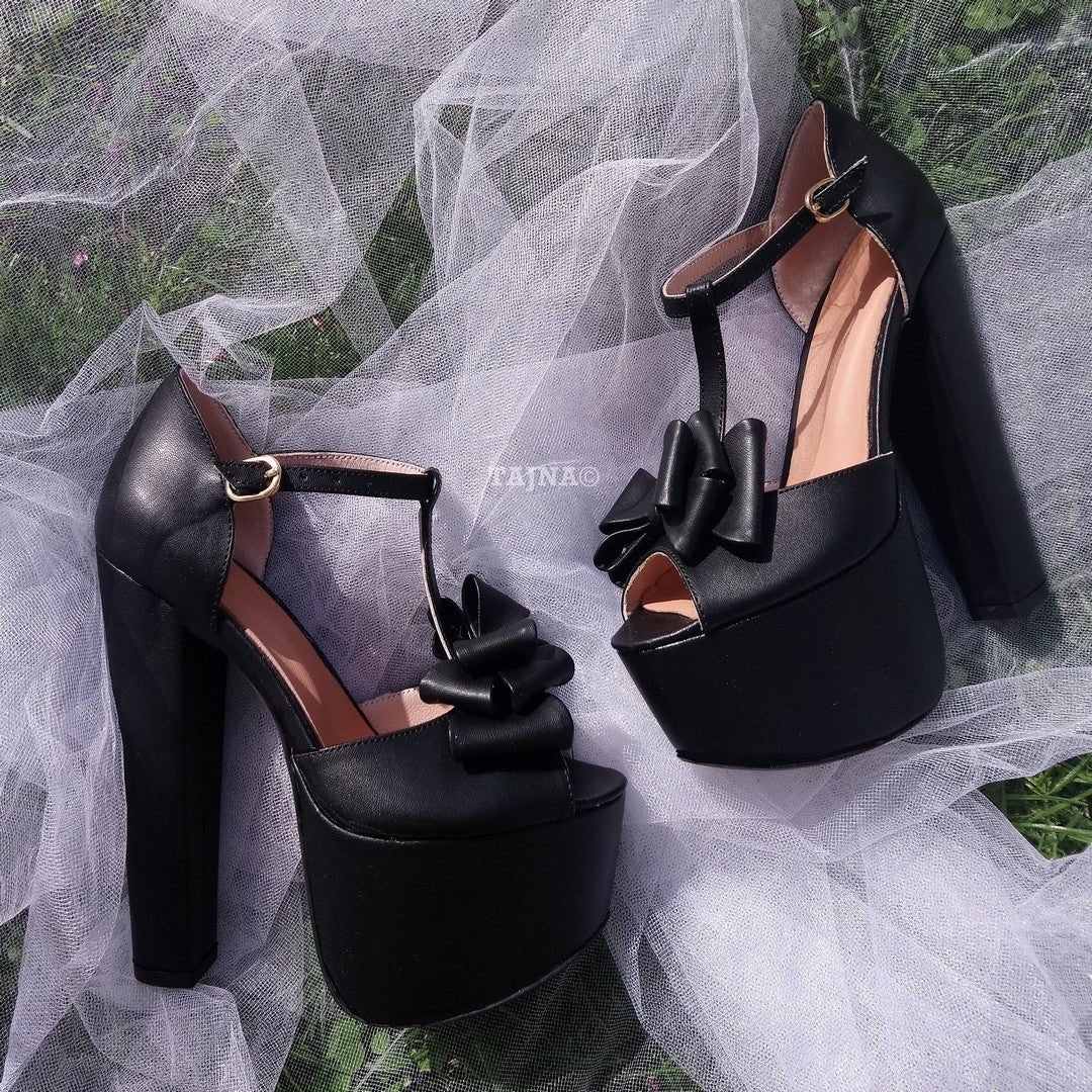Black Ribbon Detail Chunky High Heel Platform Shoes | Tajna Club
