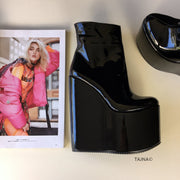 Black Patent High Heel Wedge Boots - Tajna Club
