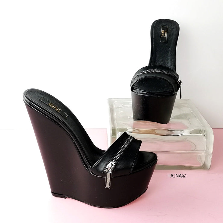 Black Zipper Detail Wedge Mules | Tajna Club