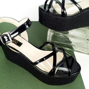 Black Shiny Transparent Strap Wedge Sandals - Tajna Club