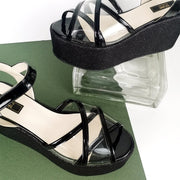 Black Shiny Transparent Strap Wedge Sandals - Tajna Club