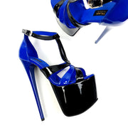 Blue Black Gloss T Strap High Heels