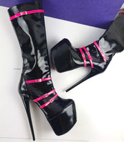 Black Gloss Hot Pink Detail Mid Calf Boots