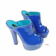 Blue Patent Chunky Heel Mules - Tajna Club