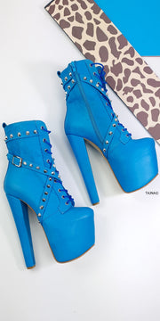 Doll Blue Spike Stud High Heel Rocker Boots Tajna Club Shoes