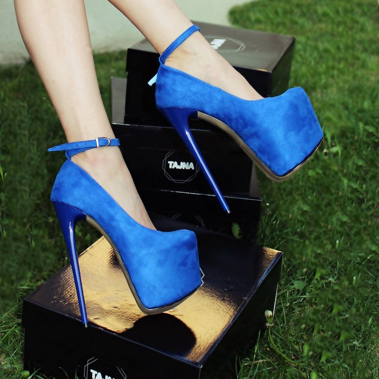 Ankle Strap Blue Faux Suede High Heel Platform Shoes