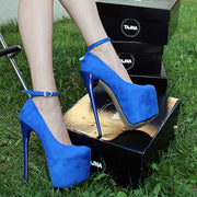 Ankle Strap Blue Faux Suede High Heel Platform Shoes - Tajna Club