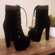 Lace Up Black Suede High Heel Boots - Tajna Club