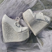 Bridal White Lace Up Wedge Shoes - Tajna Club
