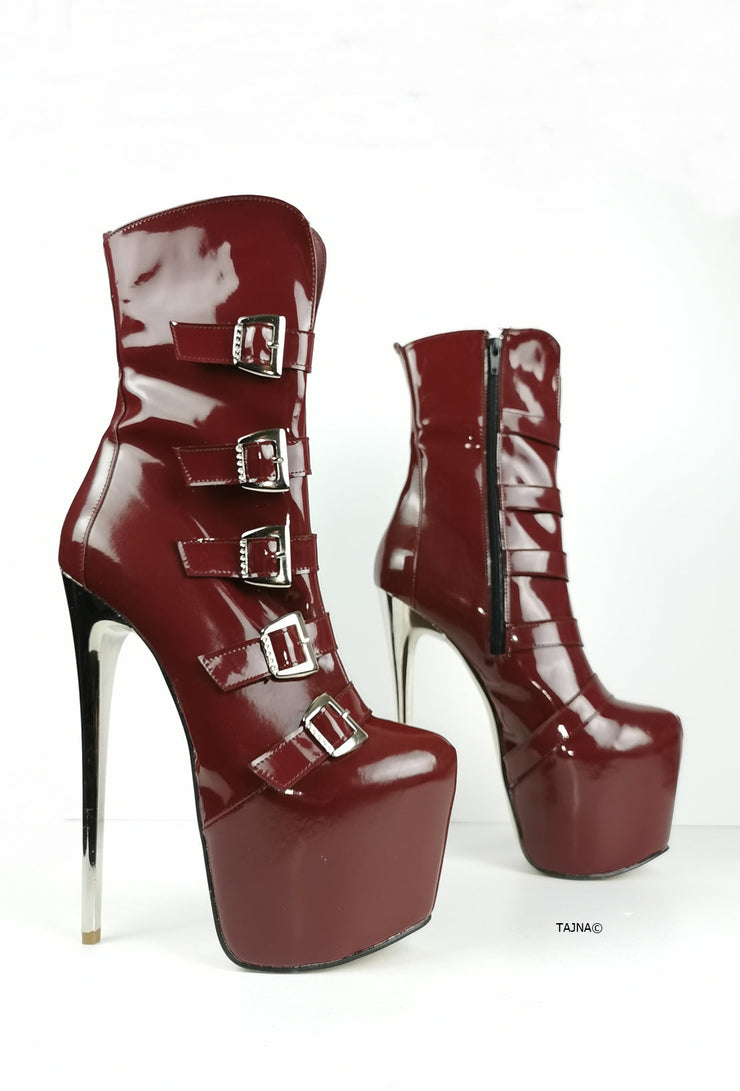 Burgundy Patent Multi Belted Platform Boots - Tajna Club