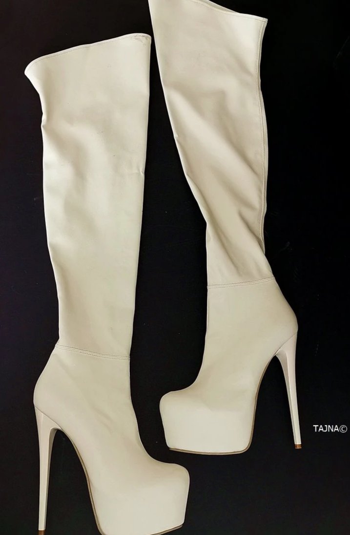 Cream Strech Thigh High Platform Boots - Tajna Club