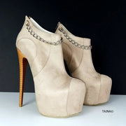 Chain Detail Beige Suede Ankle Booties - Tajna Club