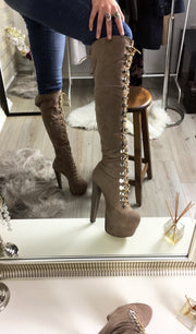 Beige Lace Up Over The Knee Boots - Tajna Club