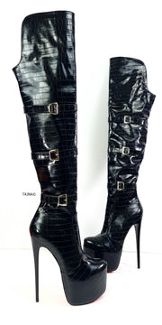 Black Croco Belted Over Knee High Heel Boots