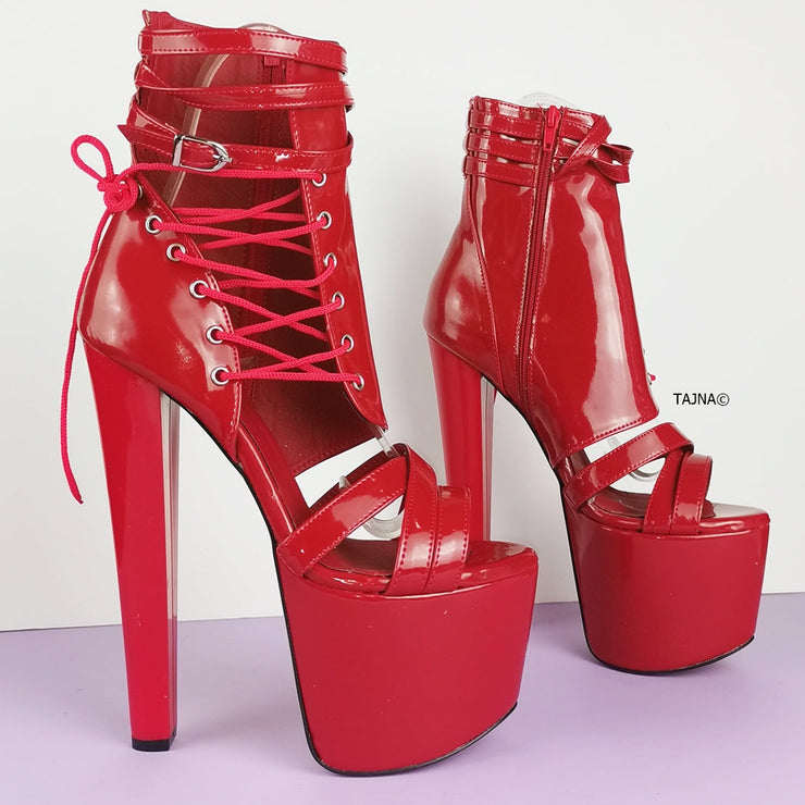 Red Patent Side Lace Ankle Platforms - Tajna Club