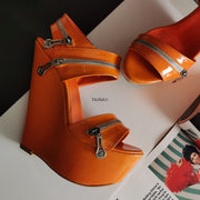Orange Patent Zipper Detail Wedges - Tajna Club