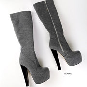 Gray  Chunky Heel Midcalf Boots - Tajna Club