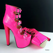 Neon Pink Patent Multi Belted High Heels - Tajna Club