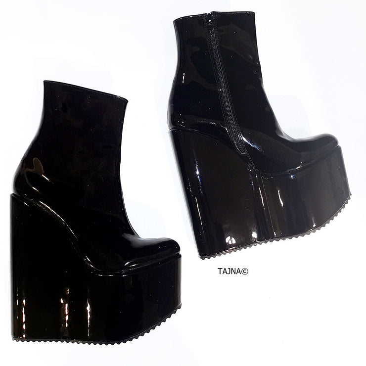 Patent Black Platform Wedge Boots - Tajna Club