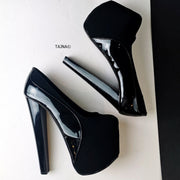 Black Suede Patent Detail Platform Heels - Tajna Club