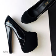 Black Suede Patent Detail Platform Heels - Tajna Club