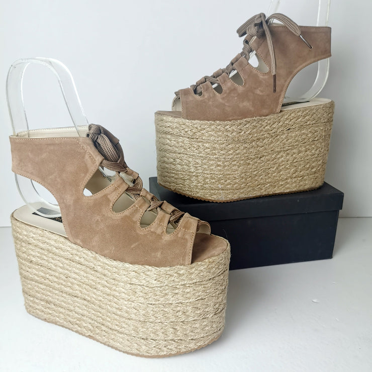 Gladiator Lace Up Beige Wedge Platform Sandals - Tajna Club
